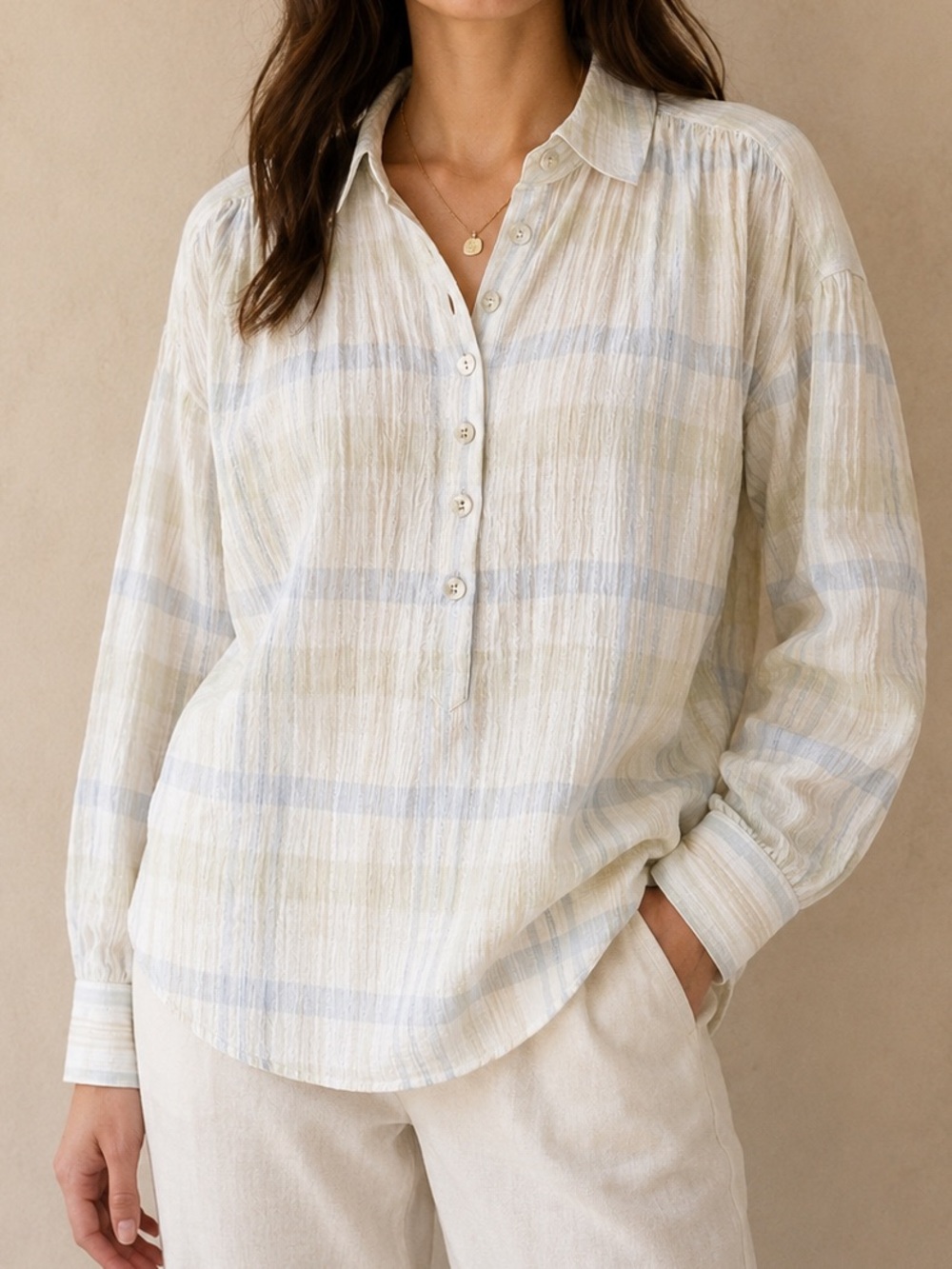 Faherty Organic Cotton Plaid Crinkle Popover Blouse Size L